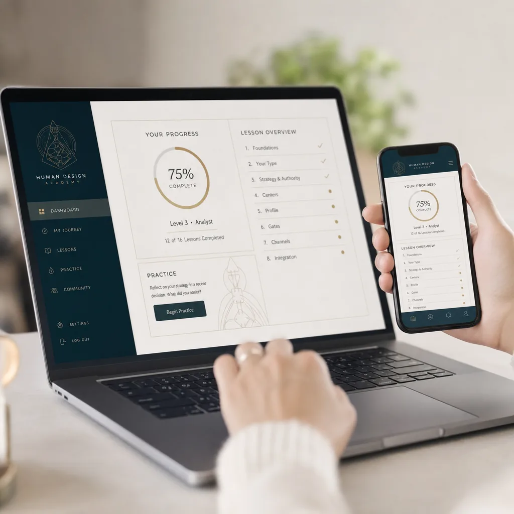 Inside the program: course dashboard with modules, lessons and reference guides